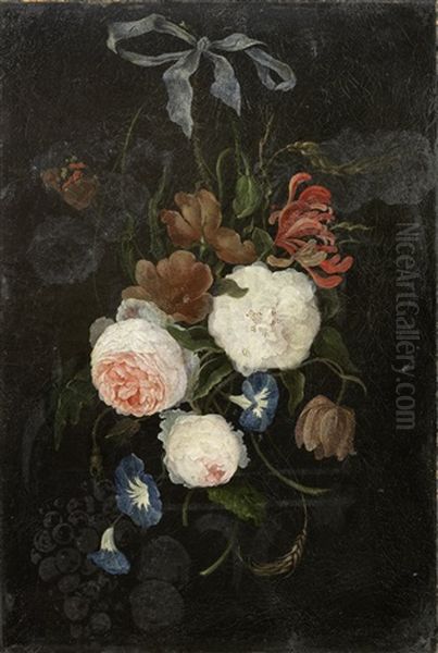 Roses, Convolvulus, Honeysuckle And Other Flowers In A Swag Held With A Blue Ribbon - view 1