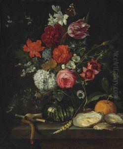 A Tulip, Roses, Apple Blossoms, Cornflowers And Other Flowers In A Glass Vase On A Stone Ledge, With A Pipe, Taper, Oysters And An Orange... by Jan Davidsz De Heem