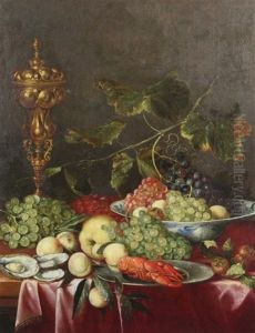 Still Life Of Fruit, A Lobster, Oysters And A Goblet Upon Table Top