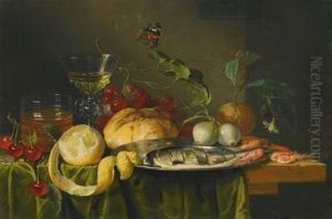 A Still Life Of A Glass Of Wine With Grapes, Bread, A Glass Of Beer, A Peeled Lemon, Fruit, Onions And A Herring On A Dish Upon A Table Draped With A Green Cloth by Jan Davidsz De Heem