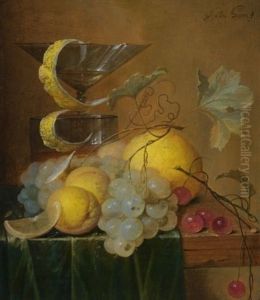Still Life With A Wine Glass, Lemon Peel, Peaches, Grapes And Cherries On The Corner Of A Partly Draped Wooden Table by Jan Davidsz De Heem