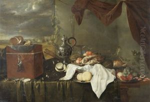 A Still Life Of Shells On A Velvet Covered Box, Beside Oysters, A Silver Ewer, Glasses, Bottles, A White Cloth And Silver Dishes Of Meat And Fruit On A Table Draped With A Green Cloth, Beneath A Mauve Curtain