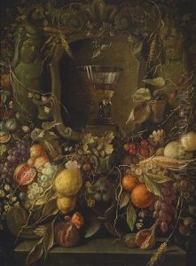 Fruchte- Und Blumengirlanden Um Eine Kartusche Mit Einem Berkemeyer-glas by Jan Davidsz De Heem