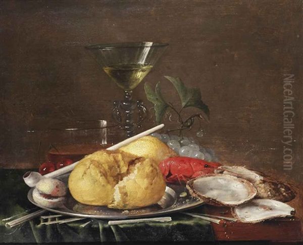 A Facon-de-venise Wine Glass, A Glass Of Beer, Cherries, A Bread Roll, An Apricot, A Clay Pipe And A Crayfish On A Pewter Plate, With Grapes, Oysters And Kindling On A Partially Draped Wooden Table - view 1