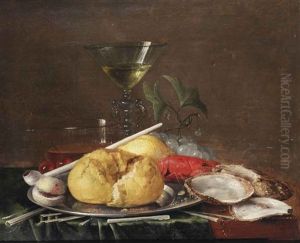 A Facon-de-venise Wine Glass, A Glass Of Beer, Cherries, A Bread Roll, An Apricot, A Clay Pipe And A Crayfish On A Pewter Plate, With Grapes, Oysters And Kindling On A Partially Draped Wooden Table by Jan Davidsz De Heem