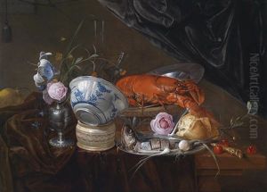 Stillleben Mit Blumen, Einem Fisch, Einem Gekochten Hummer Und Einer Fayenceschale by Jan Davidsz De Heem