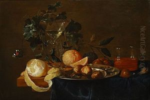 Stilleven Met Een Geschilde Citroen, Venetiaans Wijnglas, Een Tinnen Schaal, Noten En Vlinder by Jan Davidsz De Heem