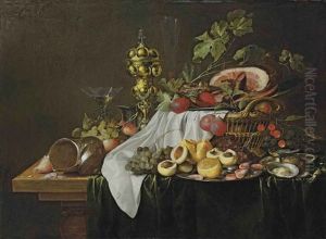 Shells, Shrimps, Peaches, A Facon-de-venise Wine Glass, A Pewter Tankard, A Silver-gilt Cup And Cover, Shrimps, Nectarines And A Lemon On A Pewter Plate... by Jan Davidsz De Heem