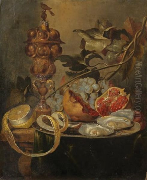 Nature Morte Avec Des Fruits, Des Huitres Et Un Verre Sur Une Table Drapee - view 1