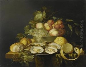 Stilleben Mit Fruchtschale, Brot, Austern Und Zitrone Auf Einem Holztisch by Jan Davidsz De Heem