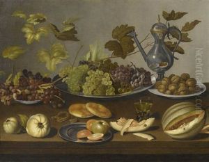 Grosses Stilleben Mit Weintrauben, Walnussen, Apfeln, Orangen, Brot Und Melone Auf Porzellan- Und Zinntellern Auf Einer Tischplatte by Jan Davidsz De Heem