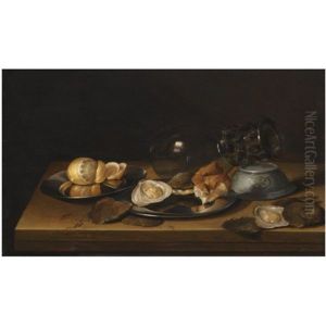 Still Life With A Roemer On Its Side, Two Pewter Plates Adorned With A Partly-peeled Lemon, An Oyster And A Bread Roll, All Arranged On A Wooden Table-top by Jan Davidsz De Heem