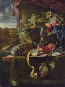 A Conch Shell, A Lemon On A Silver Platter, A Pomegranate, Shrimps, Oysters, A Roemer, Fruit And Other Objects On A Table by Jan Davidsz De Heem