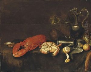 A Lobster, A Crab, An Oyster, And A Pewter Pitcher by Jan Davidsz De Heem