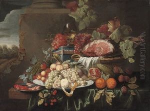 Grapes, A Joint Of Ham, Oranges, Pomegranites, By A Column