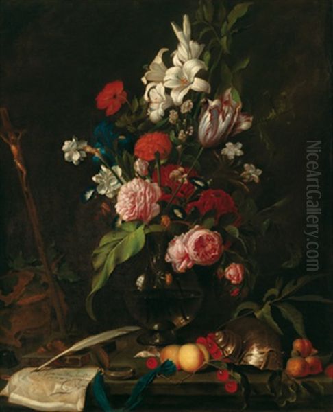 Blumenbouquet Mit Fruchten, Einem Brief Und Schreibutensilien Auf Einer Steinplatte - view 1