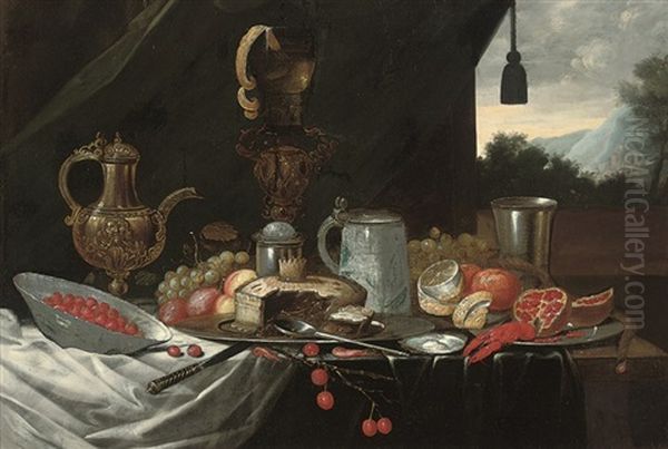A Pie On A Pewter Platter, A Silver Beaker, A Tankard, A Pitcher, A Lobster, A Partly Peeled Lemon, Peaches, Grapes, Cherries, A Pomegranite, And A Porcelain Bowl Of Strawberries O - view 1
