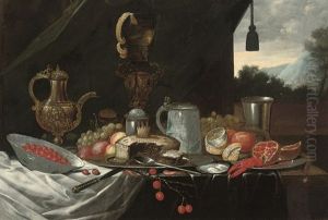 A Pie On A Pewter Platter, A Silver Beaker, A Tankard, A Pitcher, A Lobster, A Partly Peeled Lemon, Peaches, Grapes, Cherries, A Pomegranite, And A Porcelain Bowl Of Strawberries O by Jan Davidsz De Heem