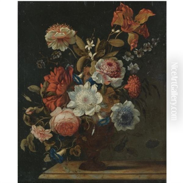 A Still Life With Plums, Grapes, Raspberries And A Partly Peeled Lemon, Together With A Silver Tazza, All On A Stone Ledge - view 1
