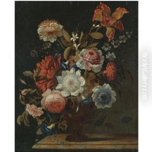 A Still Life With Plums, Grapes, Raspberries And A Partly Peeled Lemon, Together With A Silver Tazza, All On A Stone Ledge