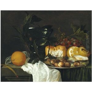 Still Life With A Roemer, A Peeled Lemon, Bread, An Oyster And Chestnuts On A Pewter Dish, Grapes, A Taper And An Orange On A Ledge Partly Draped With A White Cloth by Jan Davidsz De Heem