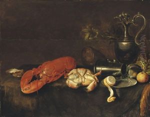 A Lobster, A Crab, An Oyster, A Pewter Pitcher, A Partially Peeled Lemon, An Apple And Grapes On A Draped Table by Jan Davidsz De Heem