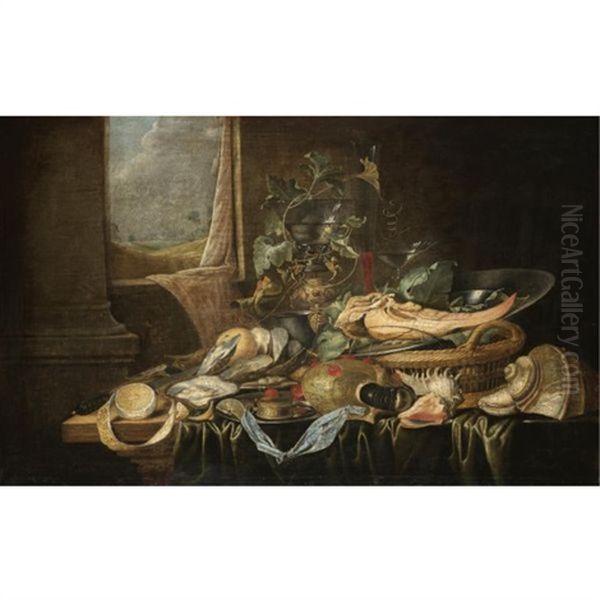 A Still Life With A Knife, A Partly-peeled Lemon, A Compass, An Oyster, A Sword, Shells, Wine Leaves Around A Roemer Of Wine And The Jawbone Of An Ass On A Pewter Plate - view 1