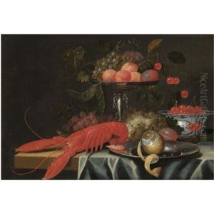 A Still Life With Apricots, Cherries And Grapes In A Silver Tazza, Cherries In A Porcelain Dish, Red And White Grapes,  A Lobster, A Shrimp And A Partly Peeled Lemon On A Table by Jan Davidsz De Heem