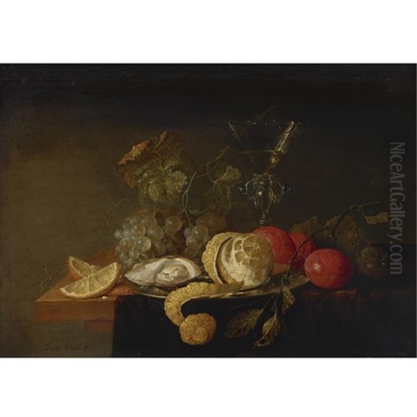 Still Life With A Peeled Lemon, Orange Slices, An Oyster, Plums, Grapes And A Facon-de-venise Glass Filled With White Wine Displayed On A Partially Draped Table - view 1