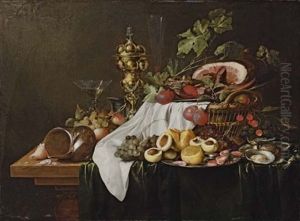 Shells, Shrimps, Peaches, A Wine Glass, A Pewter Tankard, A Silver-gilt Cup And Cover, Nectarines And A Lemon On A Pewter Plate by Jan Davidsz De Heem