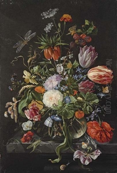 Flowers In A Glass Vase On A Stone Ledge - view 1