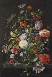 Flowers In A Glass Vase On A Stone Ledge by Jan Davidsz De Heem