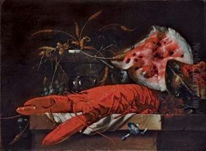 Still Life With A Lobster, A Watermelon, A Half-filled Roemer, Grapes And Wheat On A Table