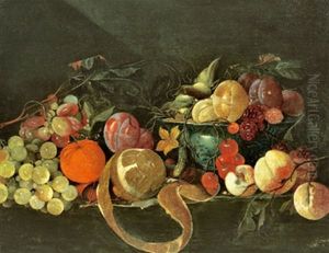 Stillleben Mit Weintrauben, Orange, Geschalter Zitrone, Mit Pfirsichen Und Anderen Fruchten In Einer Chinesischen Wan Li- Schale by Jan Davidsz De Heem