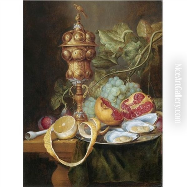 Still Life With A Gilt Pokal, A Bunch Of Grapes, A Plum, A Fig, A Partly Peeled Lemon, With Oysters And An Open Pomegranate On A Pewter Plate - view 1