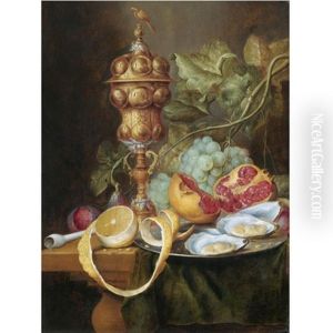 Still Life With A Gilt Pokal, A Bunch Of Grapes, A Plum, A Fig, A Partly Peeled Lemon, With Oysters And An Open Pomegranate On A Pewter Plate