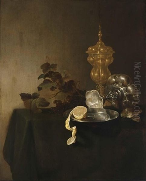 A Still Life On A Table Draped With A Green Cloth - view 1