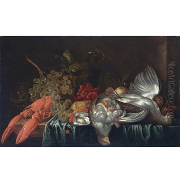 A Still Life With A Lobster, Game, Grapes And Other Fruit All Arranged On A Partly Draped Table - view 1