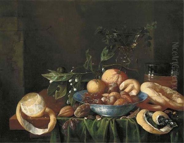 Oranges, Nuts, Dates, Figs And A Sprig Of Laurel In A Wanli Kraak Porselein Bowl With A Peeled Lemon, A Knife, Bread And A Facon De Venise Of White Wine On A Partially Draped Table - view 1