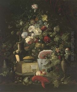 Roses, Parrot Tulips, Pansies, Carnations And Other Summer Flowers In A Vase, On A Ledge With A Glass Of Wine, Grapes, Apples, A Lobster, Bread And Pitchers To The Side by Jan Davidsz De Heem