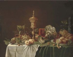 A Roemer Of Wine, A Silver Tazza, Grapes, Peaches, A Knife, A Parcel-gilt Covered Cup And A Porcelain Dish With A Partly-peeled Lemon, A Melon, Grapes And Peaches On A Draped Table by Jan Davidsz De Heem