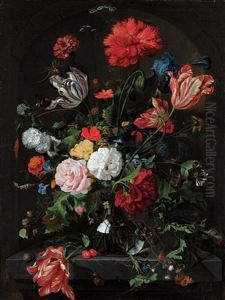 Still Life With Flowers In A Glass Vase On A Stone Ledge Before A Niche, With A Red Admiral, A Grasshopper, Other Insects And Snails by Jan Davidsz De Heem