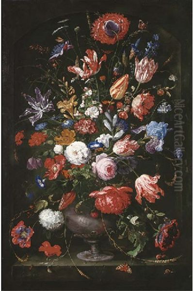 Roses, Tulips, Marigolds, A Geranium And Other Flowers In A Sculpted Vase - view 1