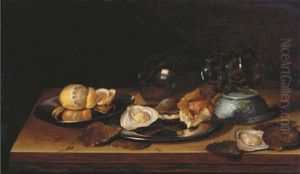 An Upturned Roemer And Chinese Bowl, A Peeled Lemon, Bread And Oysters On Silver Platters, All With Oysters On A Wooden Ledge by Jan Davidsz De Heem