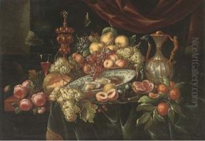 An Ewer, A Silver-gilt Cup And Cover, A Roemer Of Wine, A Basket, A Porcelain Dish And A Pewter Tray With Pears, Peaches, Grapes, Plums, Oranges, A Melon, A Lemon, Roses And Oysters by Jan Davidsz De Heem