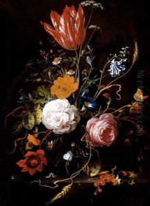 Roses, A Tulip, A Poppy, Daisies, Violets, Morning Glory, Forget-me-nots, Blackberries, Ears Of Corn And Other Flowers With A Spider, A Ladybird, Ants, A Caterpillar... by Jan Davidsz De Heem