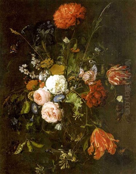 A Still Life With Roses, Tulips, A Carnation And Other Flowers In A Glass Vase On A Ledge With Snails And Other Insects - view 1