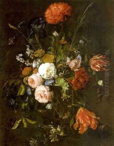 A Still Life With Roses, Tulips, A Carnation And Other Flowers In A Glass Vase On A Ledge With Snails And Other Insects by Jan Davidsz De Heem