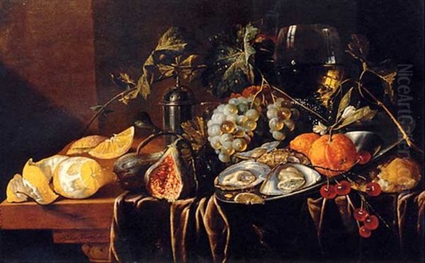A Pronk Still Life With Oysters, Oranges And Cherries On A Pewter Plate, A Partly-peeled Lemon, A Plum, Grapes, A Fig, A Pewter Salt, A Bun, A Roemer And A Tall Flute On A Partly-draped Table - view 1