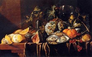 A Pronk Still Life With Oysters, Oranges And Cherries On A Pewter Plate, A Partly-peeled Lemon, A Plum, Grapes, A Fig, A Pewter Salt, A Bun, A Roemer And A Tall Flute On A Partly-draped Table by Jan Davidsz De Heem